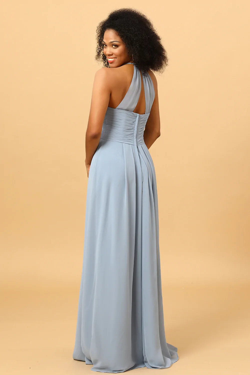 Halter Chiffon Blue Bridesmaid Dress with Ruffles - JUORTHO