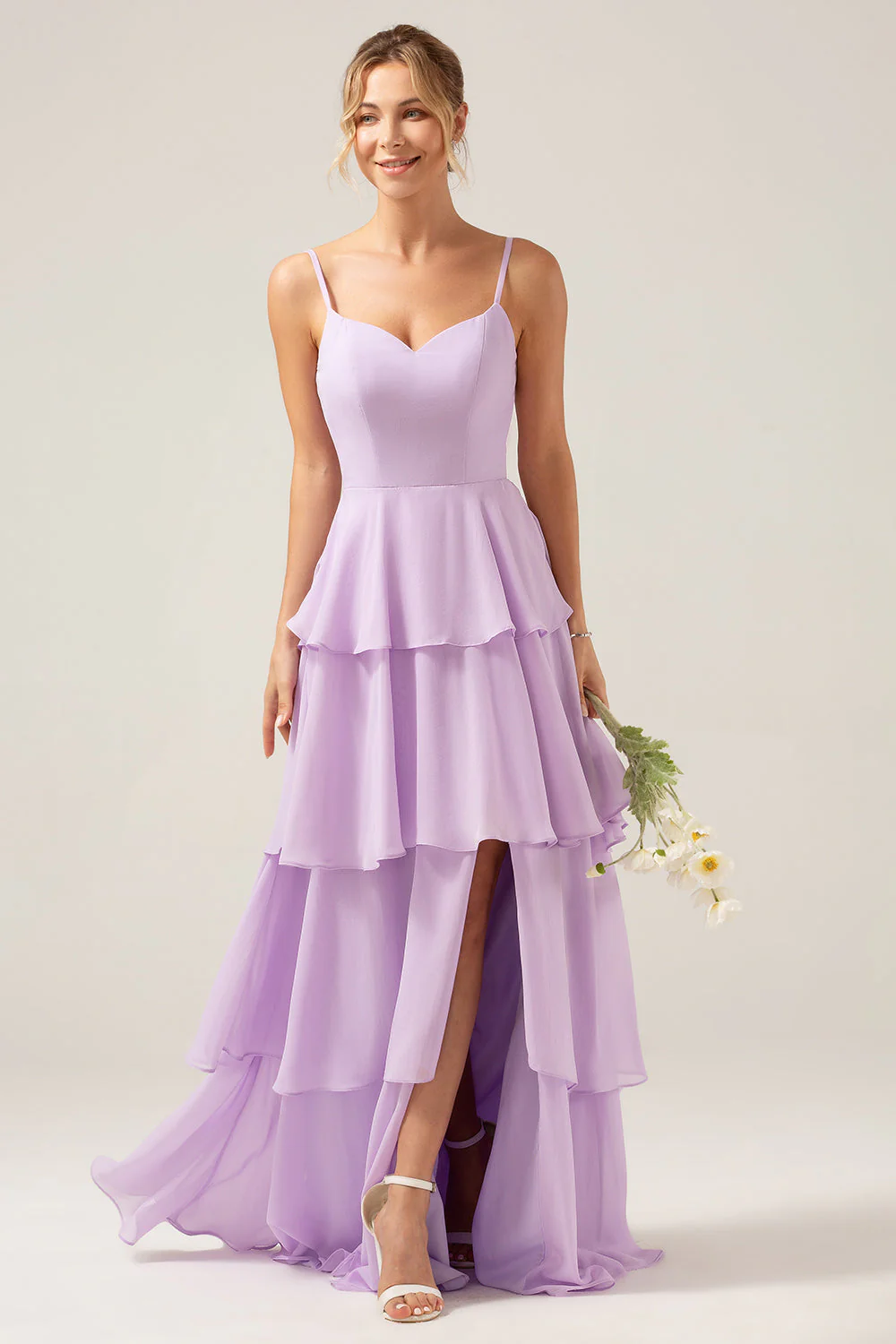 Lilac A Line Spaghetti Straps Tiered Chiffon Bridesmaid Dress with Slit - JUORTHO