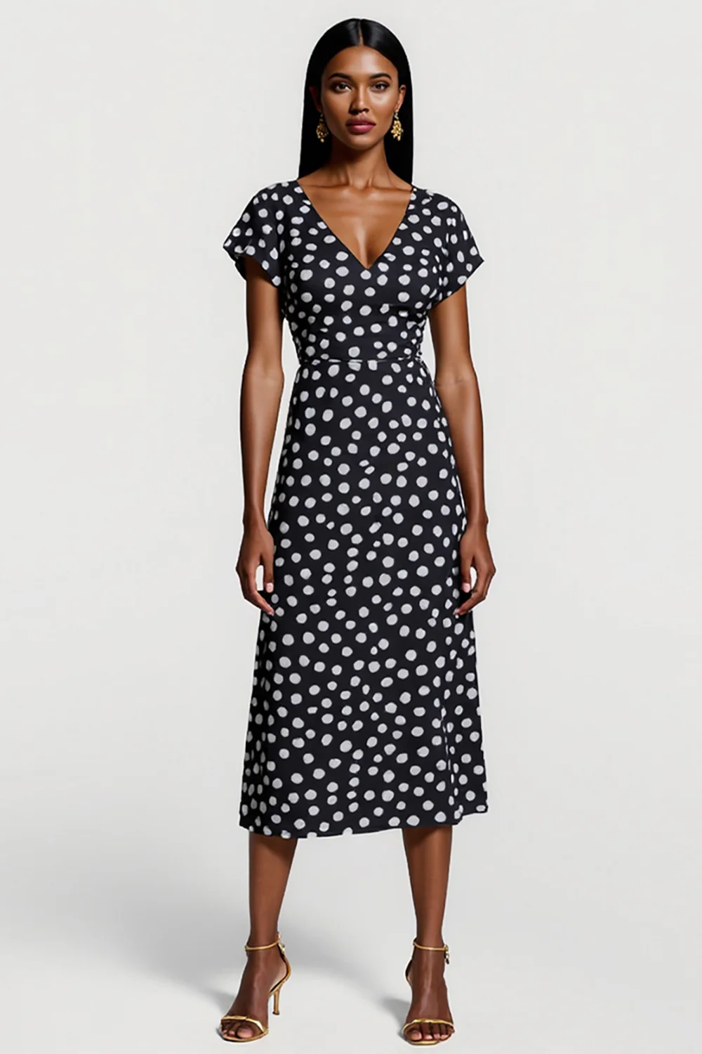 Black and White Polka Dots V-Neck Short Sleeves Maxi Work Dress - JUORTHO