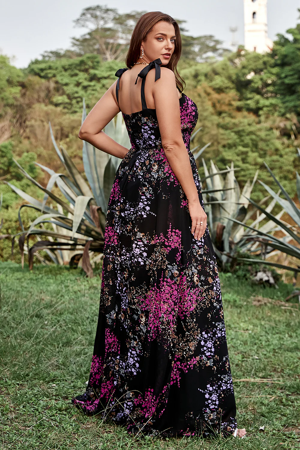 A Line Plus Size Black Mixed Flower Prom Dress - JUORTHO