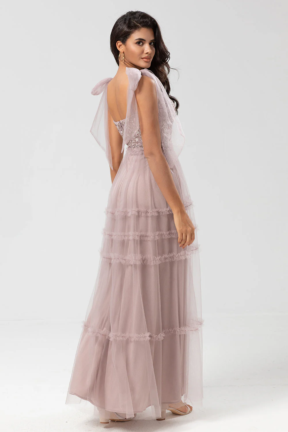 Keeper of My Heart A-Line V Neck Dusty Pink Long Bridesmaid Dress with Beading - JUORTHO