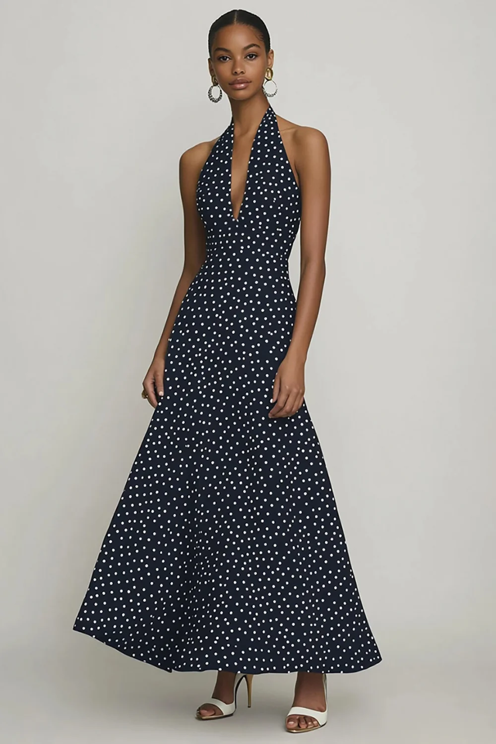 Halter Black and White Maxi Boho Chiffon A Line Polka Dot Dress - JUORTHO