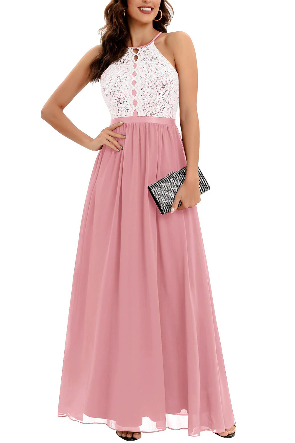 A Line Halter Blush Long Bridesmaid Dress with Lace - JUORTHO