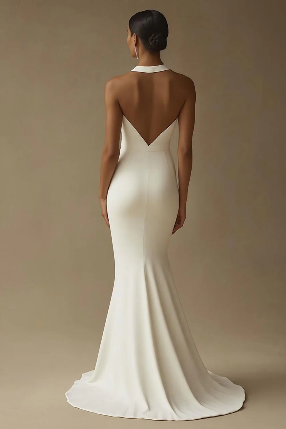 White Mermaid Halter Long Rehearsal Dinner Dress with Slit - JUORTHO