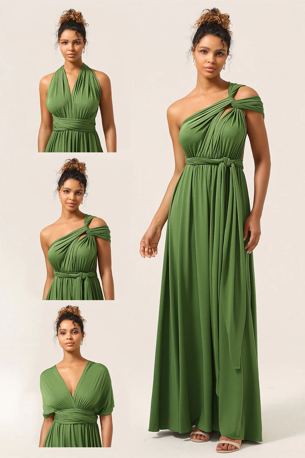 Charming A Line Olive Green Spandex Convertible Wear Long Bridesmaid Dress - JUORTHO