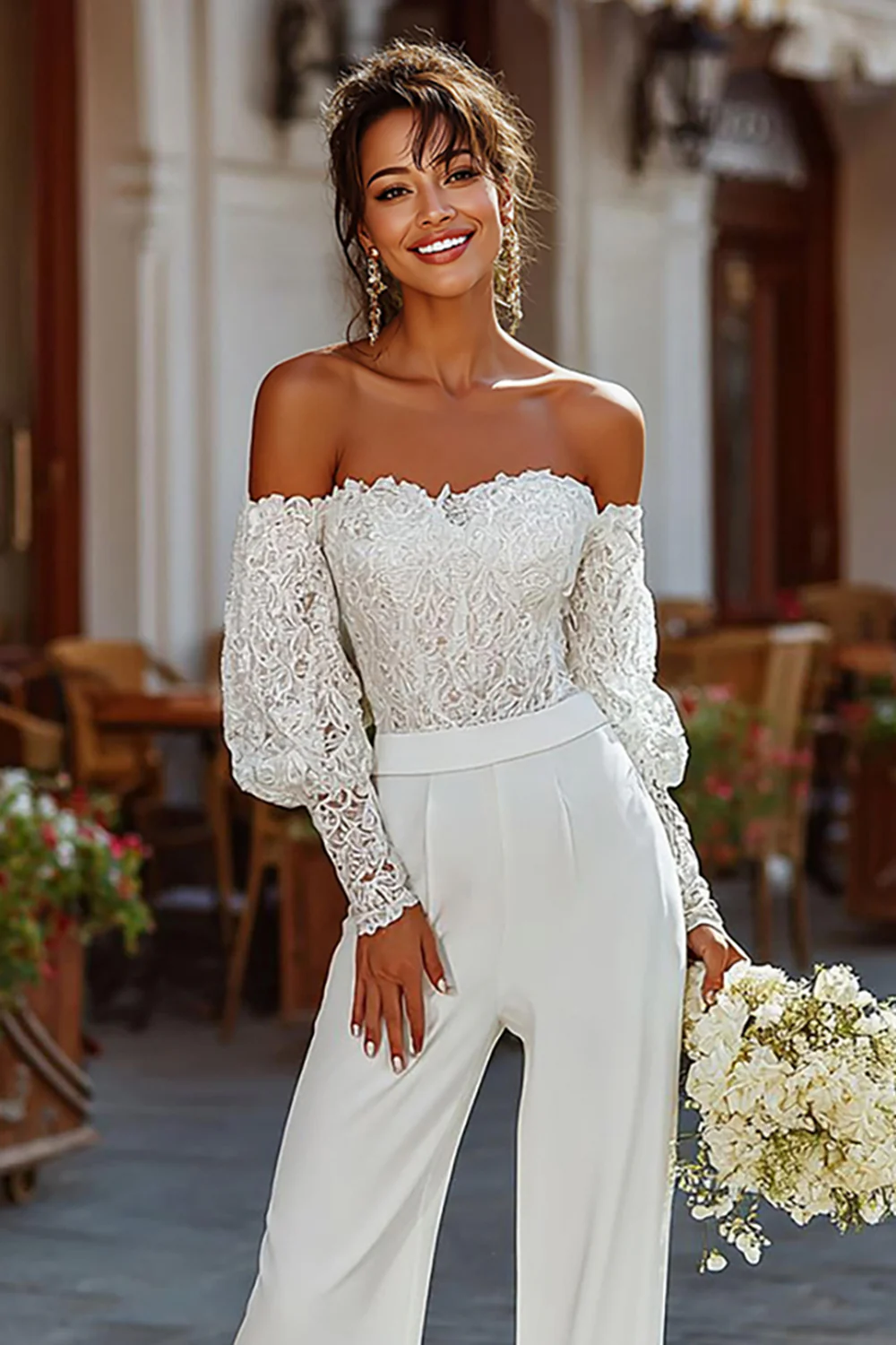 White Strapless Lace Bridal Jumpsuits with Sleeves - JUORTHO