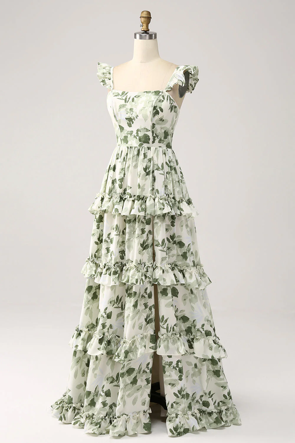 Green Floral Ruffles Tiered Prom Dress with Slit - JUORTHO