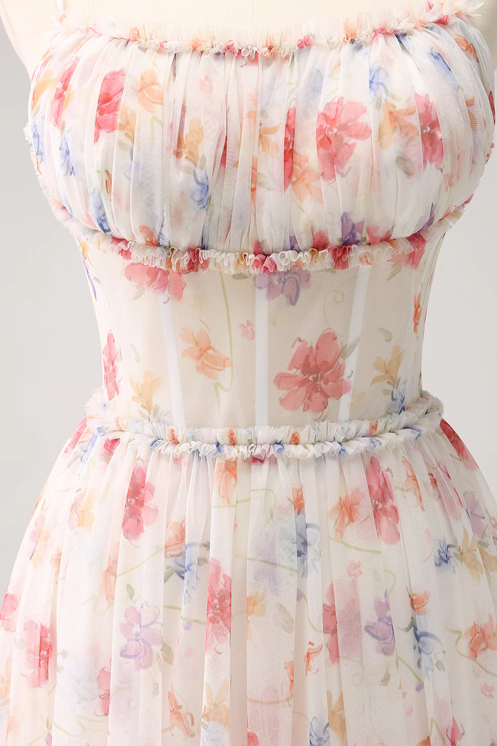 White Red Floral Corset A-Line Spaghetti Straps Long Bridesmaid Dress - JUORTHO