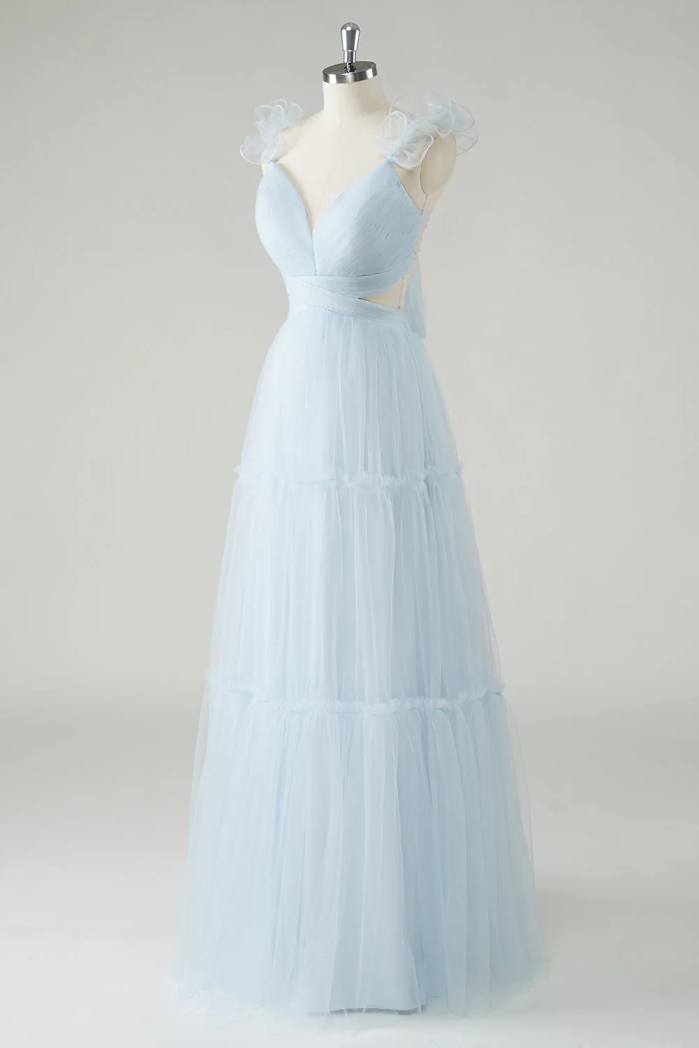 Sky Blue A-Line Ruffles Straps V-Neck Tulle Long Bridesmaid Dress - JUORTHO