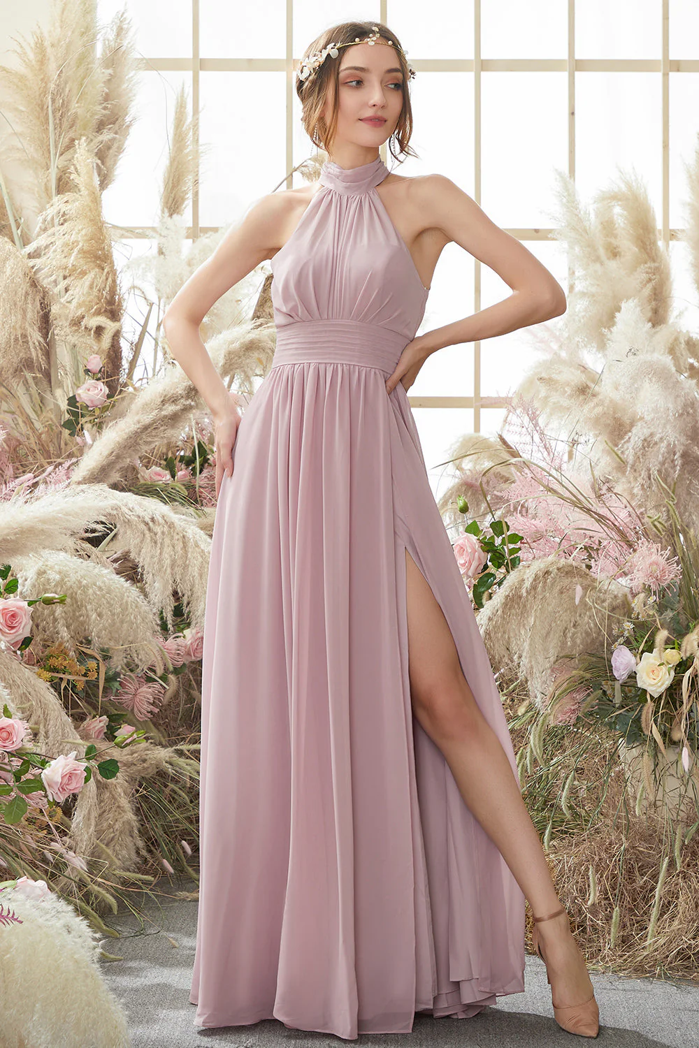 Halter Pleated Chiffon Bridesmaid Dress - JUORTHO