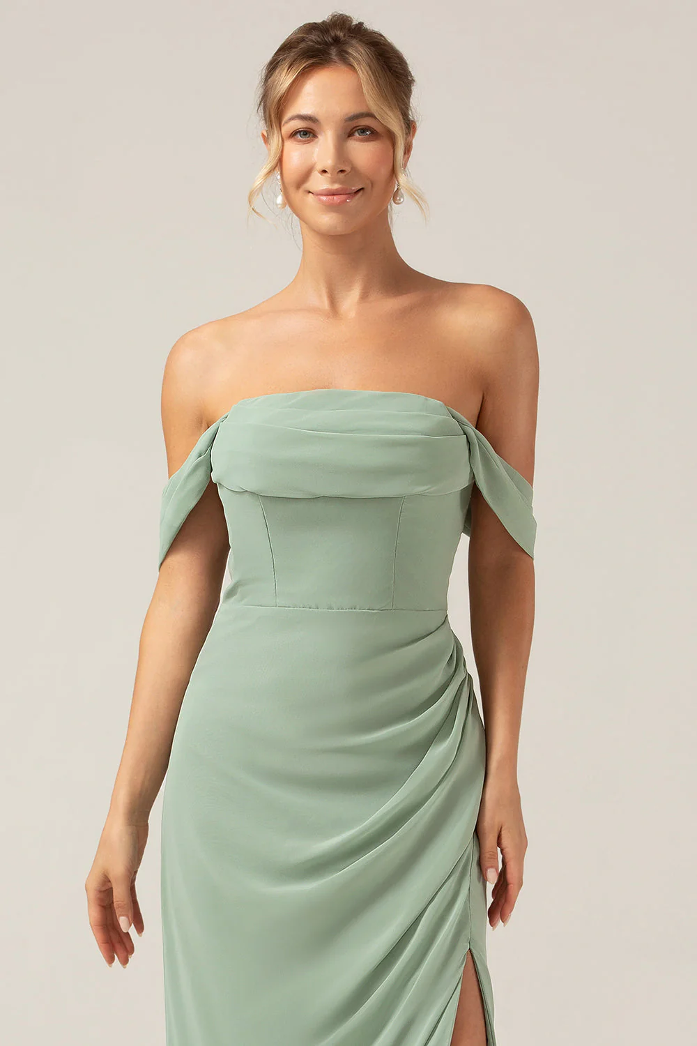 Off the Shoulder Sheath Chiffon Pleated Dusty Sage Bridesmaid Dress - JUORTHO