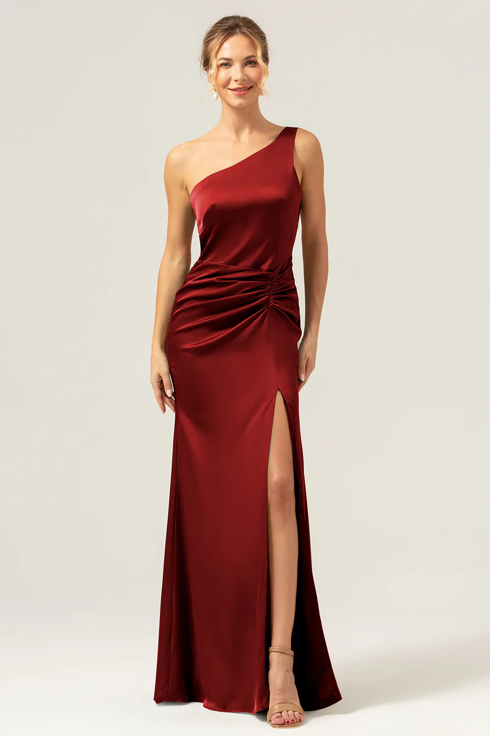 Olive One Shoulder Mermaid Satin Long Bridesmaid Dress with Slit - JUORTHO