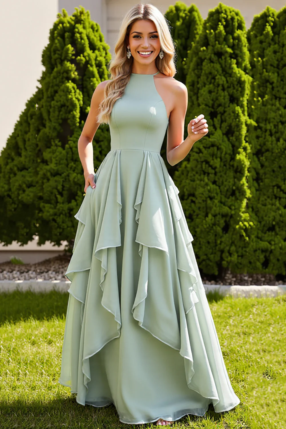 Sage Green Chiffon A Line Long Bridesmaid Dress with Ruffles - JUORTHO