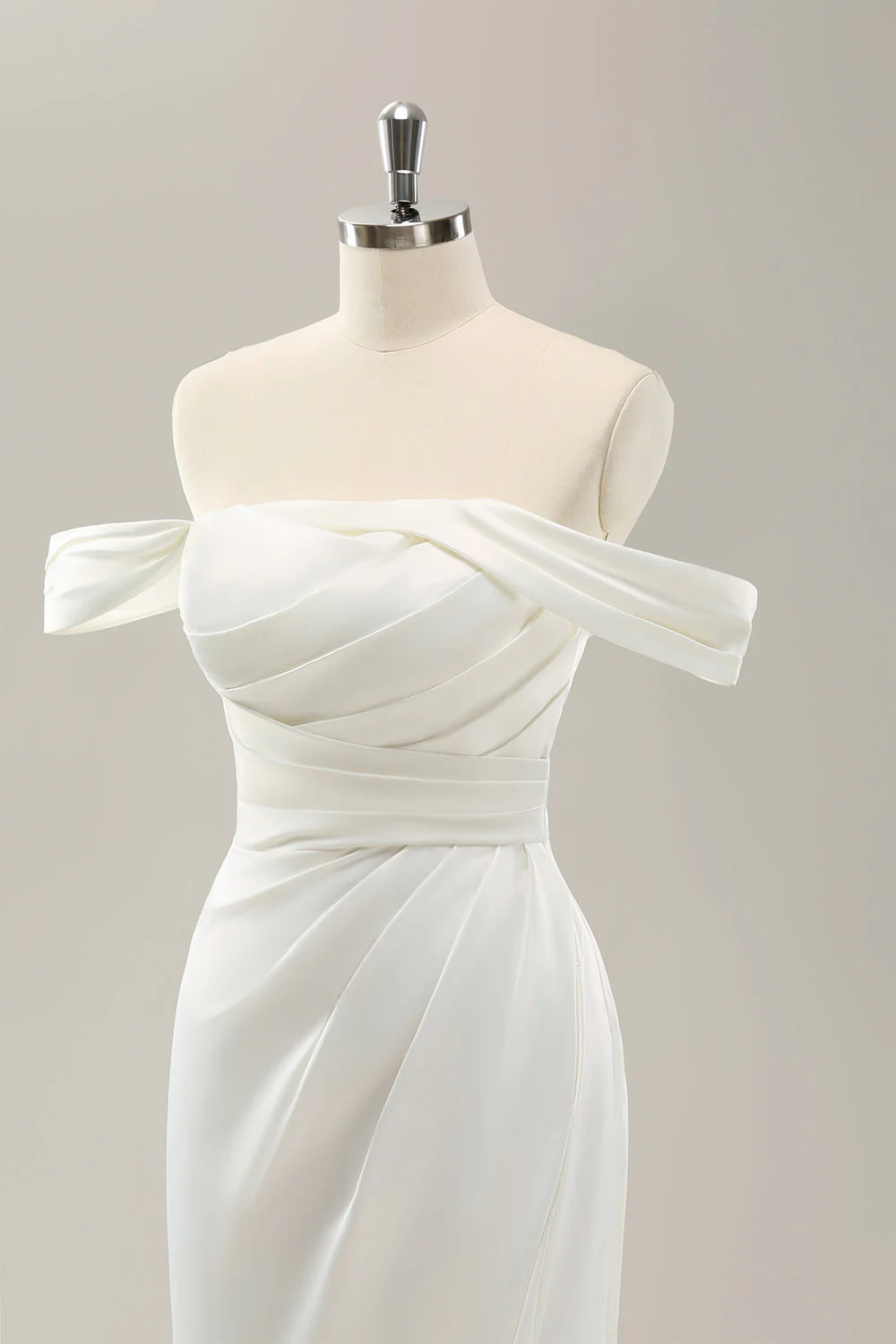 White Mermaid Off The Shoulder Pleated Satin Wedding Dress with Slit - JUORTHO