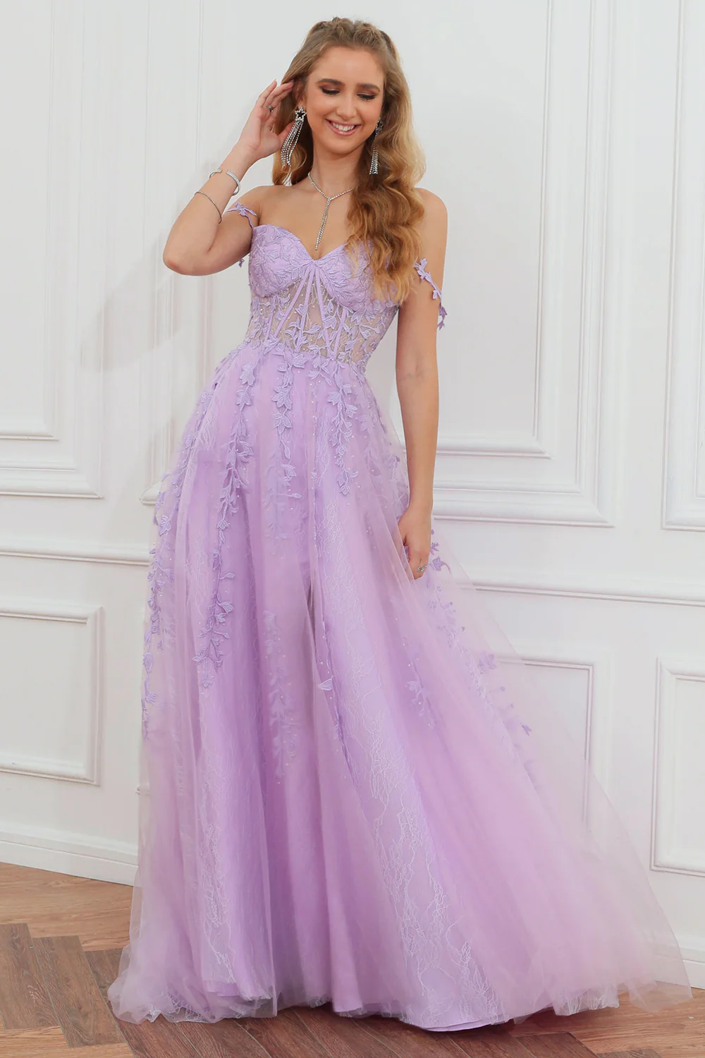 Purple Off the Shoulder Long Prom Dress with Appliques - JUORTHO