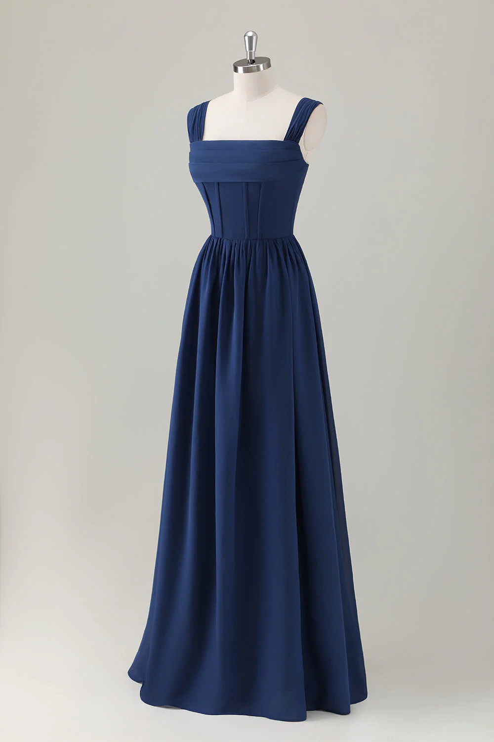 Dark Blue A-Line Square Neck Corset Long Bridesmaid Dress with Lace Up Back - JUORTHO