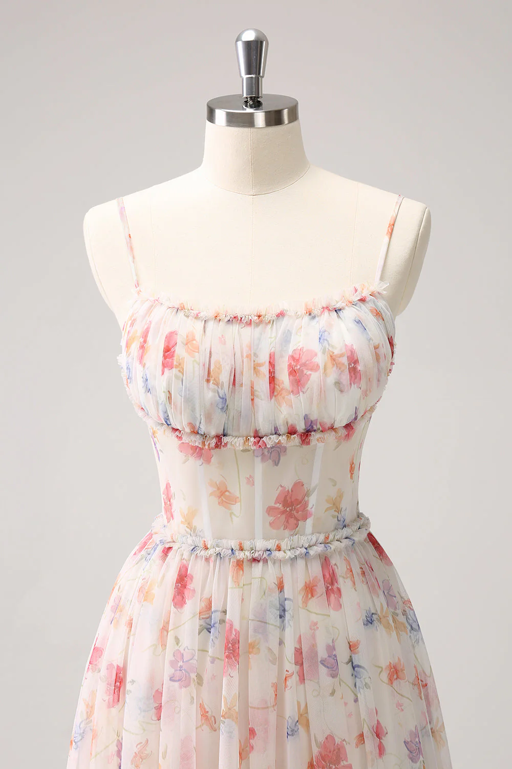 White Red Floral Corset A-Line Spaghetti Straps Long Bridesmaid Dress - JUORTHO