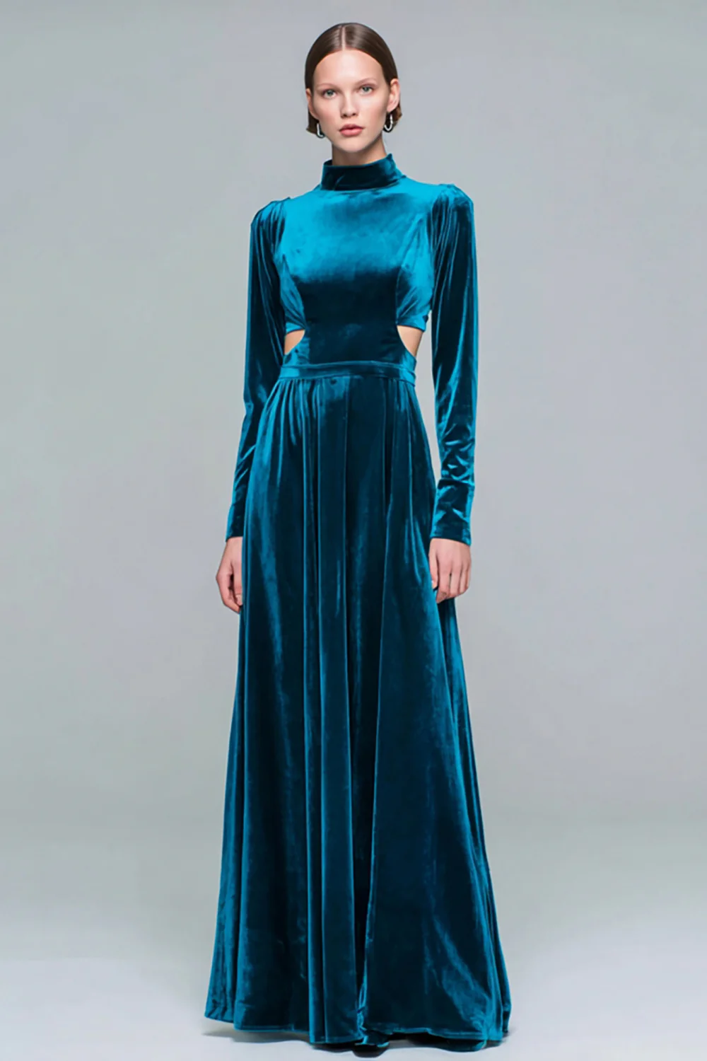 Peacock Blue Velvet Cut Out High Neck Long Sleeves Holiday Party Dress - JUORTHO