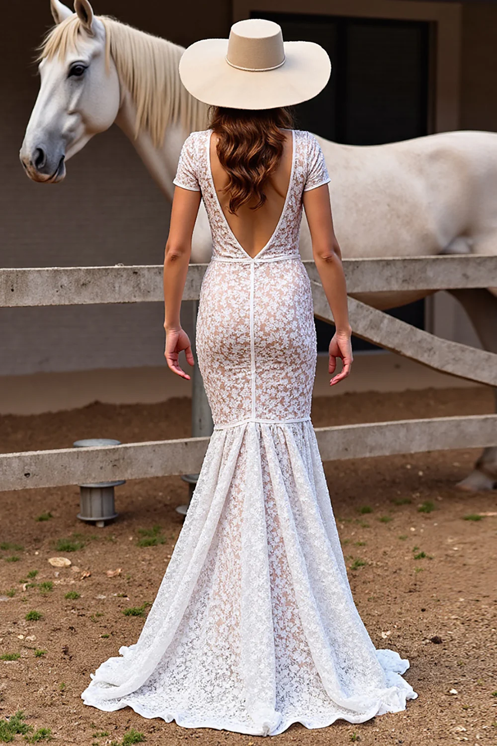 White Short Sleeves Boho Lace Sweep Train Western Wedding Dress with Slit - JUORTHO