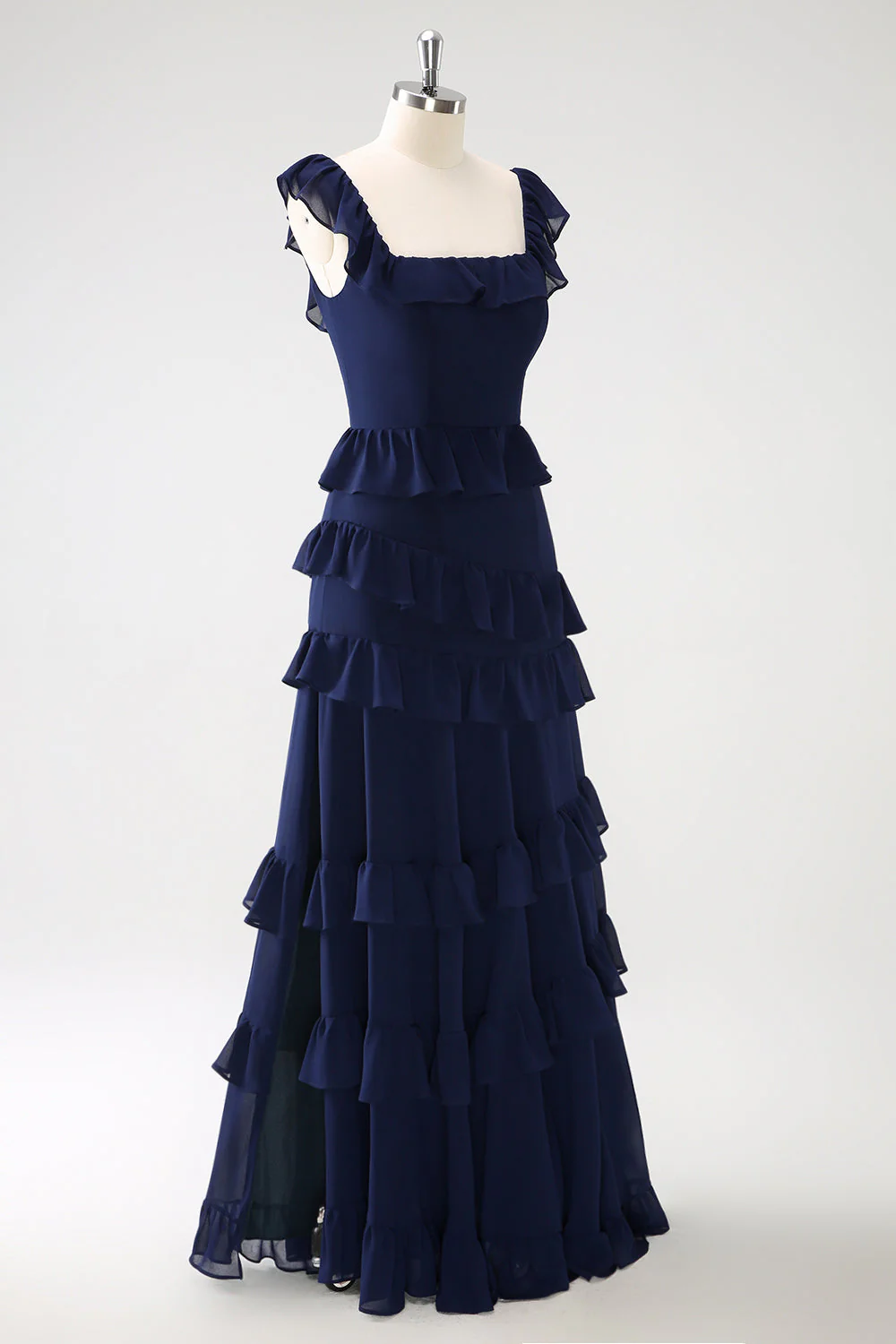 Dark Navy A-Line Tiered Chiffon Long Bridesmaid Dress - JUORTHO