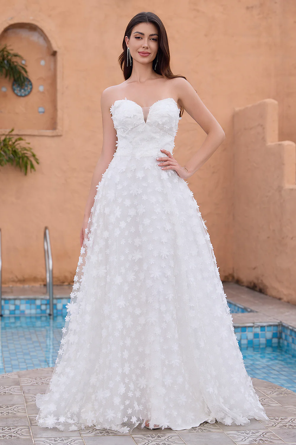 White A Line Strapless Applique Lace Wedding Dress with Detachable Sleeves - JUORTHO