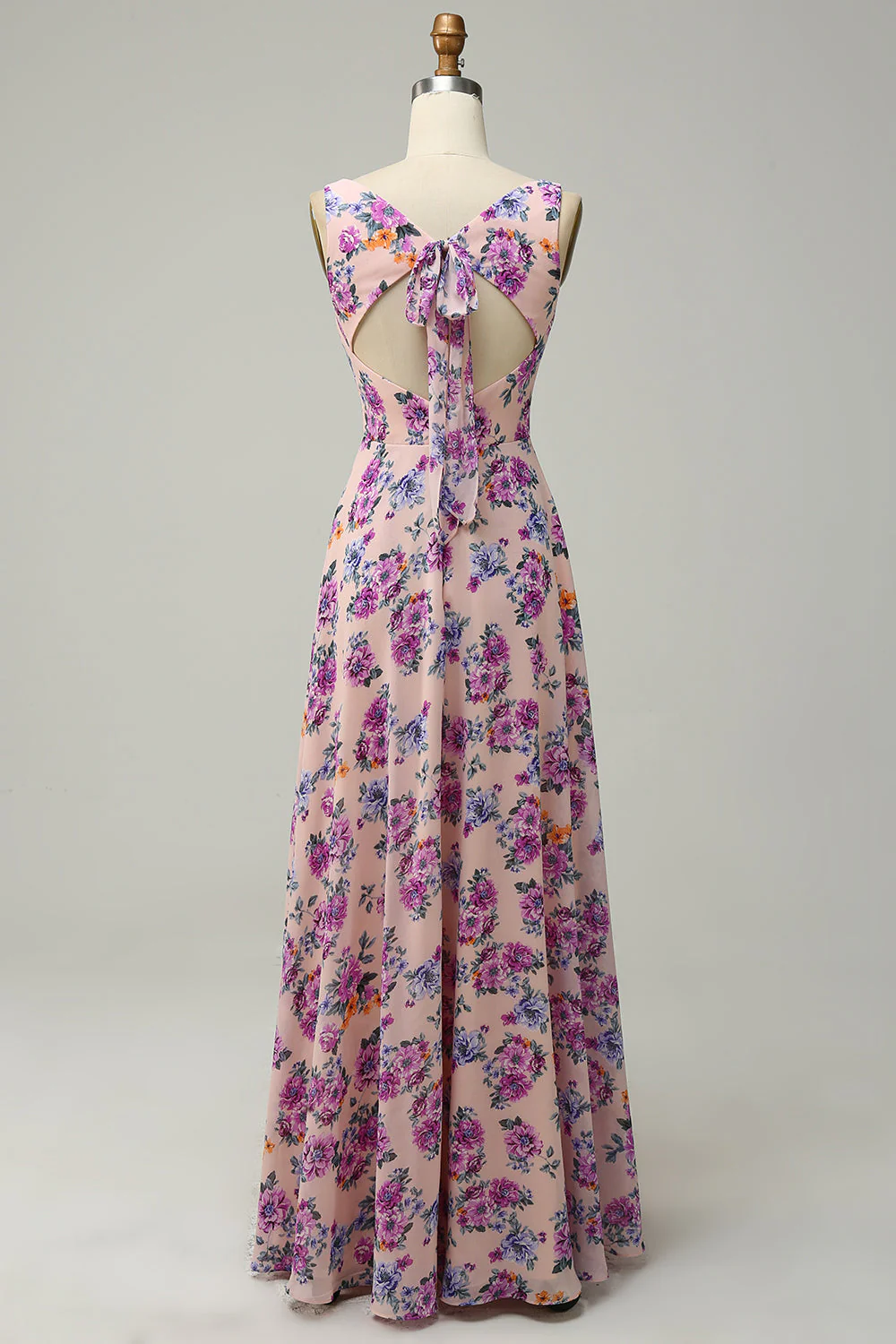 A Line Square Neck Pink Floral Long Bridesmaid Dress with Open Back - JUORTHO