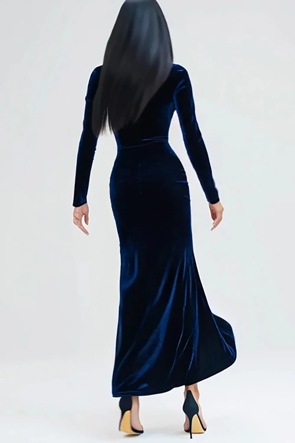 Navy Velvet Mermaid Long Sleeves Holiday Party Dress with Slit - JUORTHO