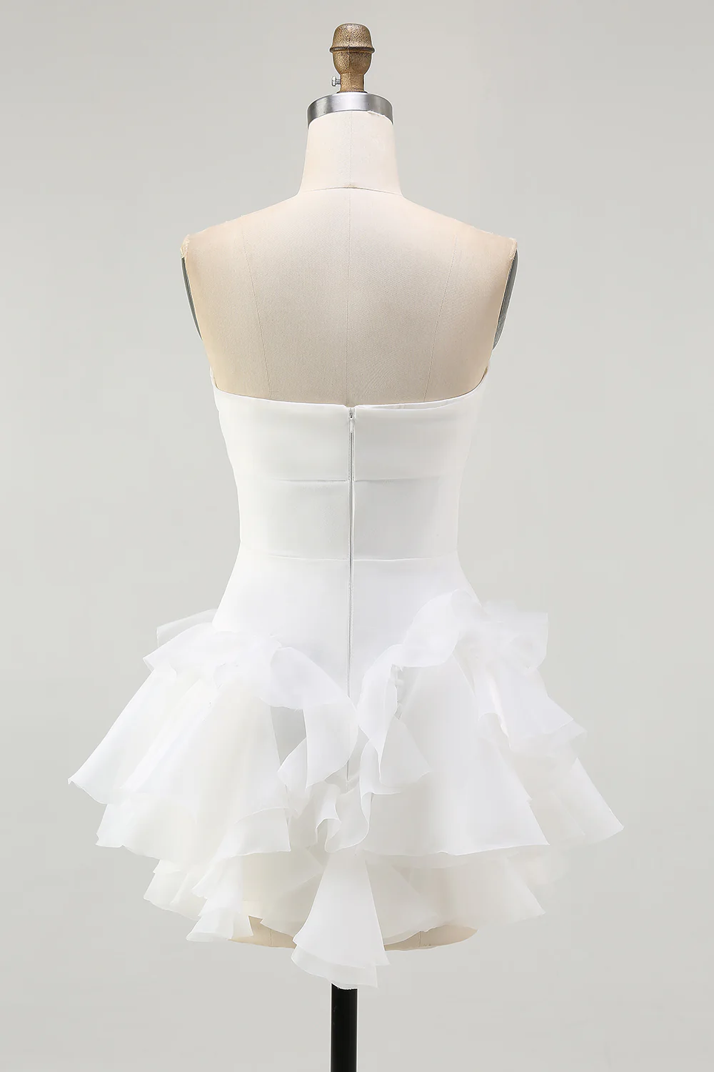 A Line Strapless Tiered Little White Dress with Ruffles - JUORTHO