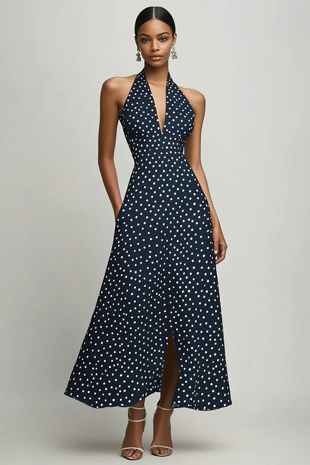 Navy and White Chiffon Halter A Line Boho Maxi Polka Dot Dress with Slit - JUORTHO