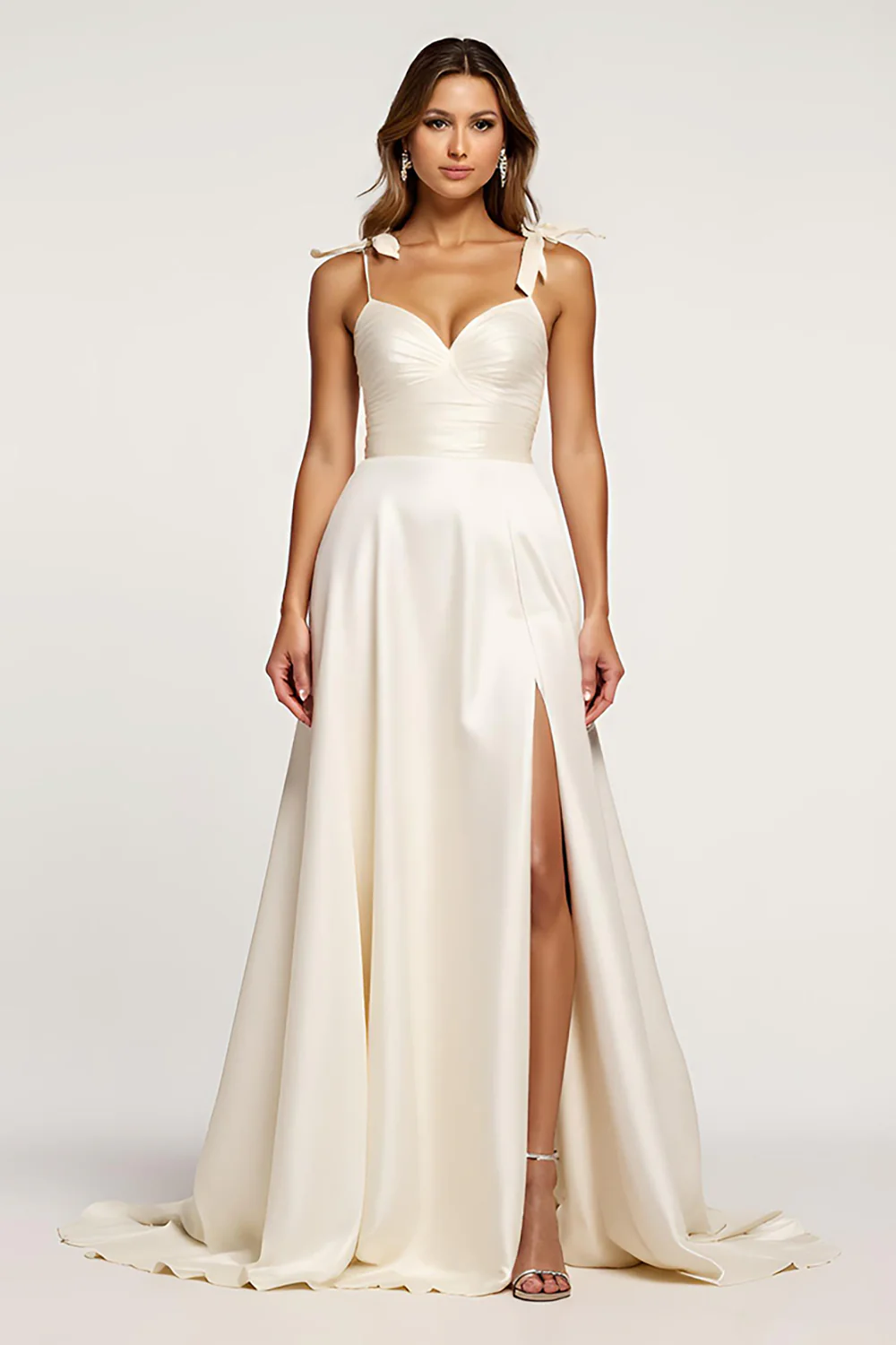 Spaghetti Straps Ivory A Line Long Graduation Dress with Slit - JUORTHO