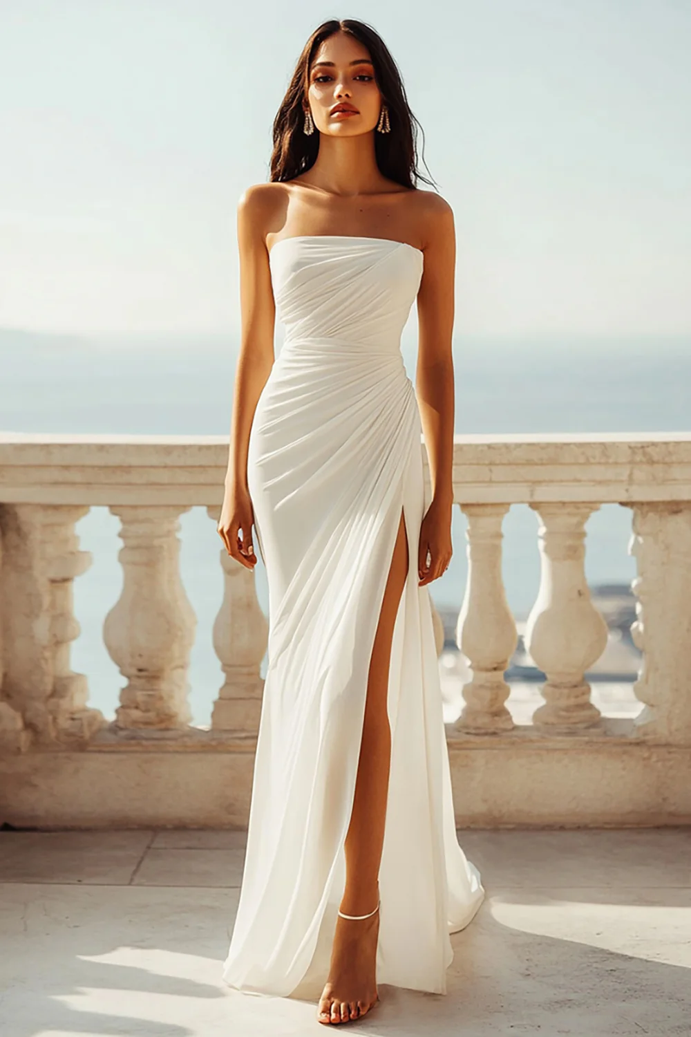 Strapless Ivory Chiffon Mermaid Ruched Maxi Engagement Dress - JUORTHO