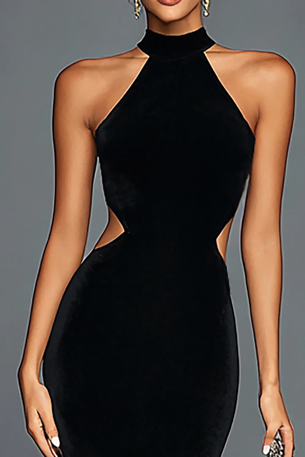Black Velvet Mermaid Halter Long Holiday Party Dress with Slit - JUORTHO