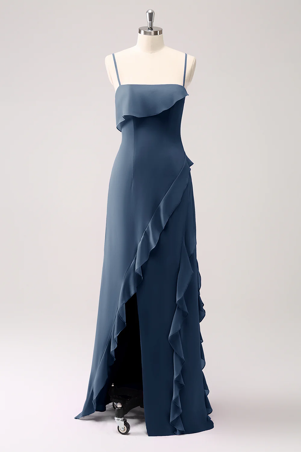Tahiti Spaghetti Straps Chiffon Ruffled Long Bridesmaid Dress with Slit - JUORTHO