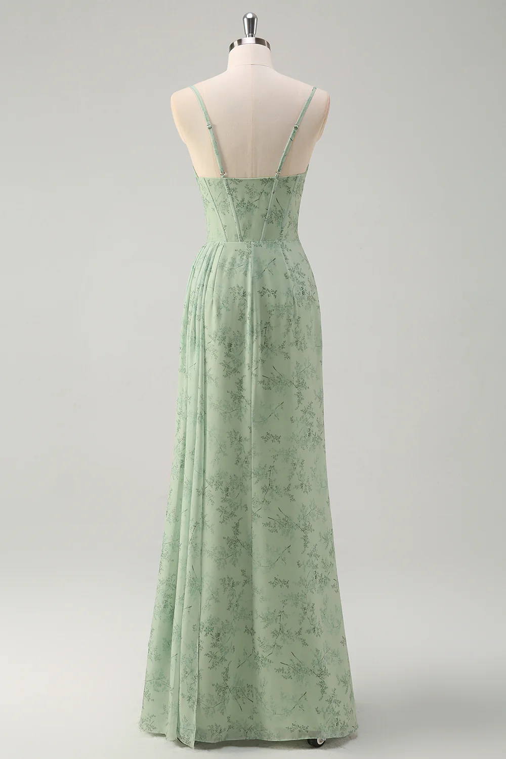 Dusty Sage Corset Floral Print Bridesmaid Dress with Slit - JUORTHO