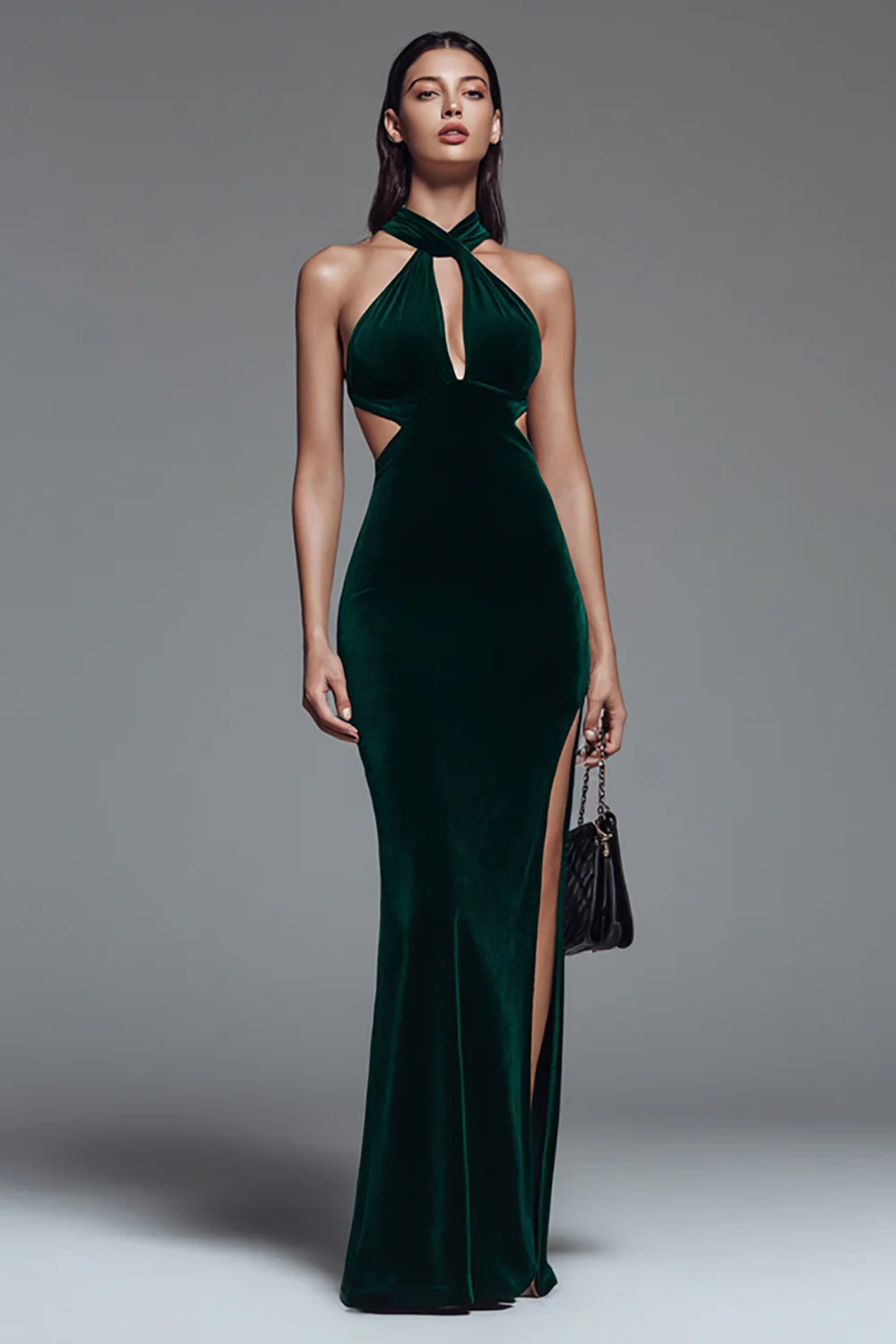 Dark Green Velvet Cut Out Mermaid Long Holiday Party Dress with Slit - JUORTHO