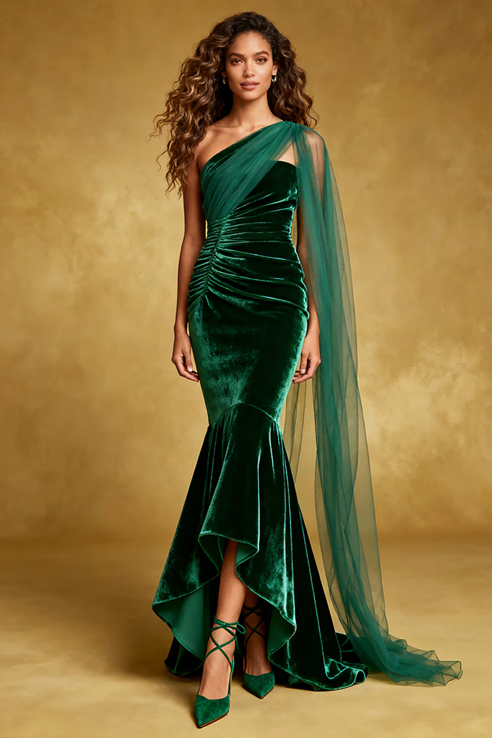 Dark Green Velvet Mermaid Ruffled Long Holiday Party Dress with Cape - JUORTHO