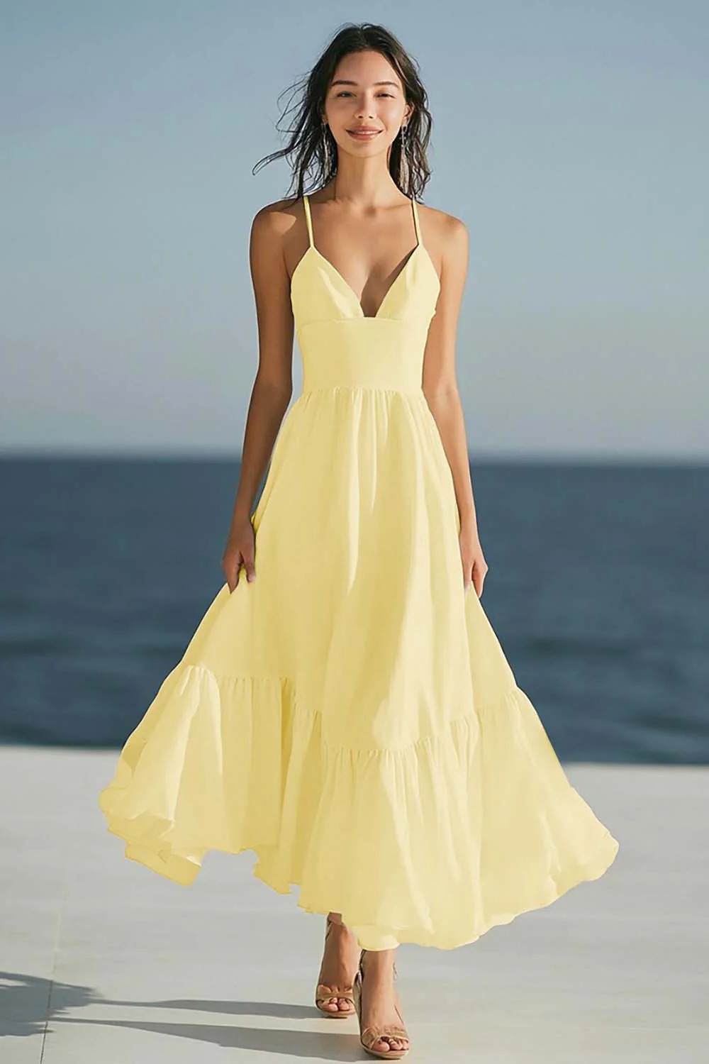 Simple Ivory Spaghetti Straps Beach Maxi Engagement Dress - JUORTHO