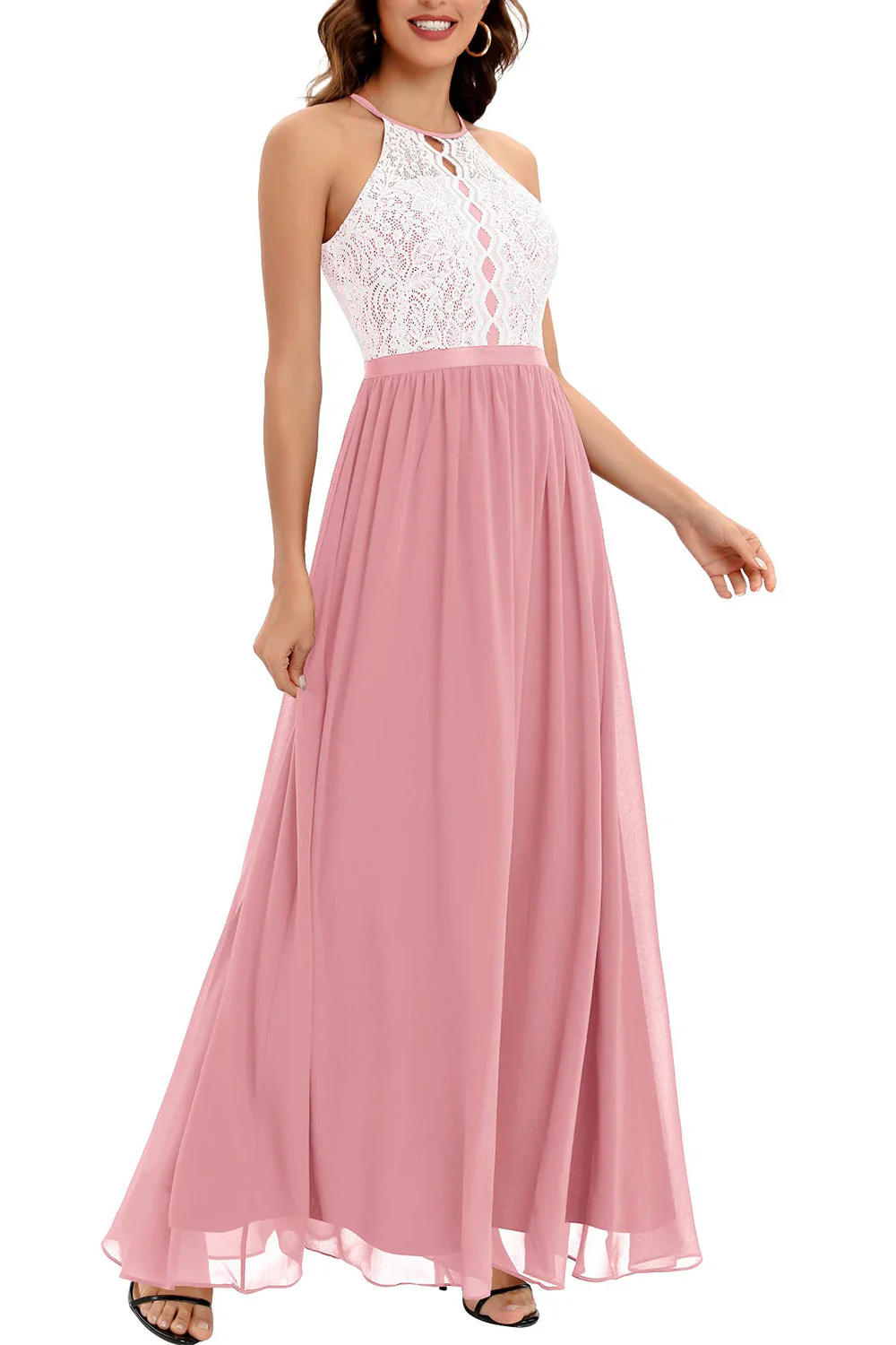 A Line Halter Blush Long Bridesmaid Dress with Lace - JUORTHO