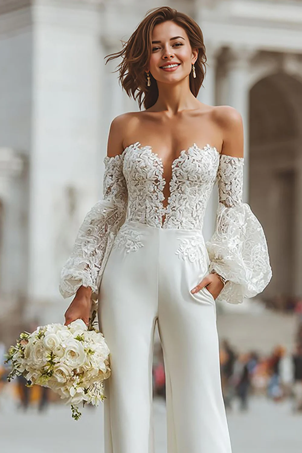 White Appliqued Long Sleeves Bridal Jumpsuits with Pockets - JUORTHO