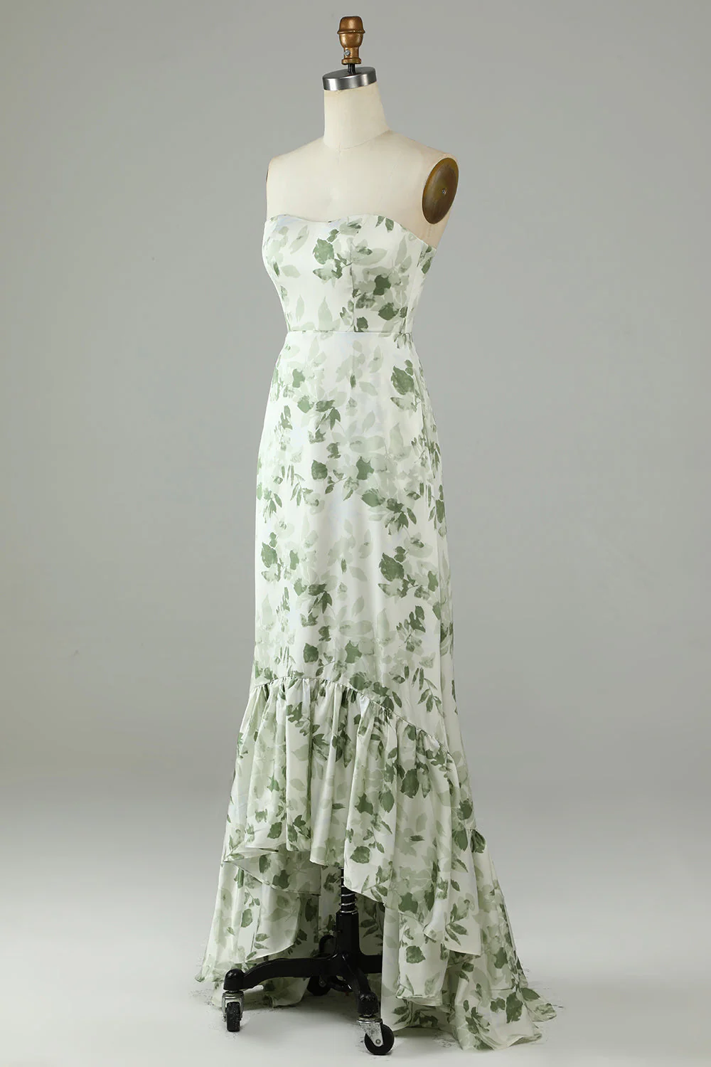 Asymmetrical Strapless Printed Green Long Bridesmaid Dress - JUORTHO