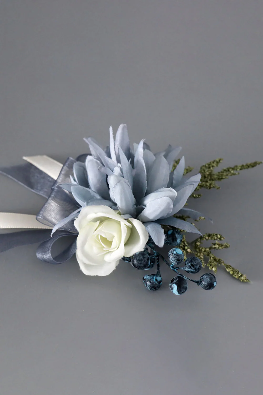 Grey Blue Wrist Corsage and Men Boutonniere Set for Prom Wedding Party - JUORTHO