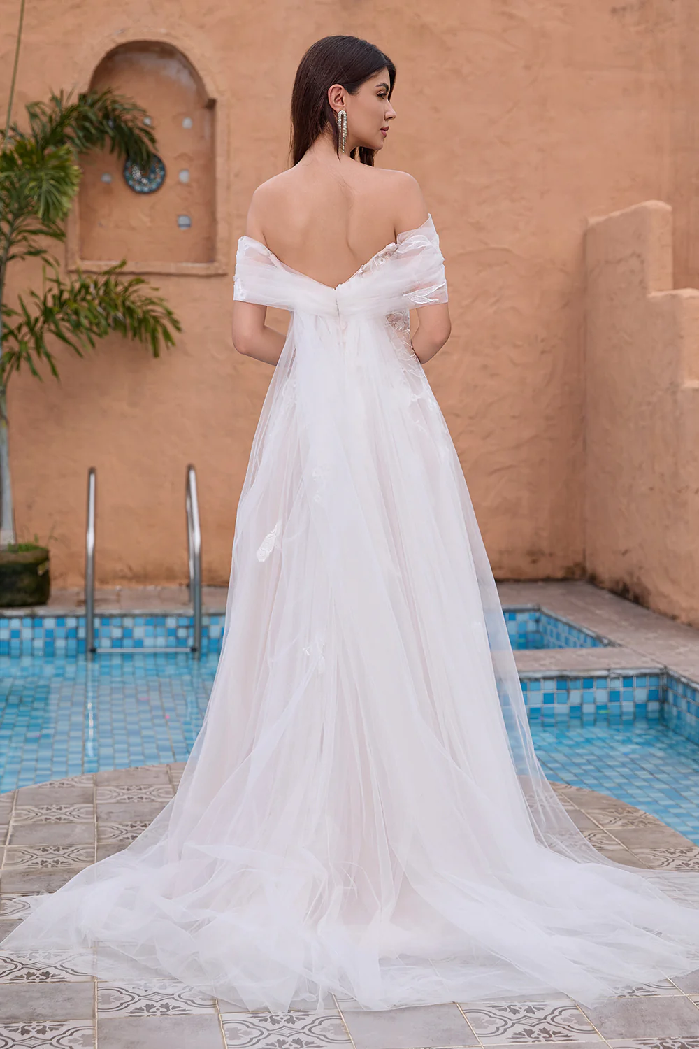 White Off the Shoulder A Line Tulle Bridal Dress with Embroidery - JUORTHO