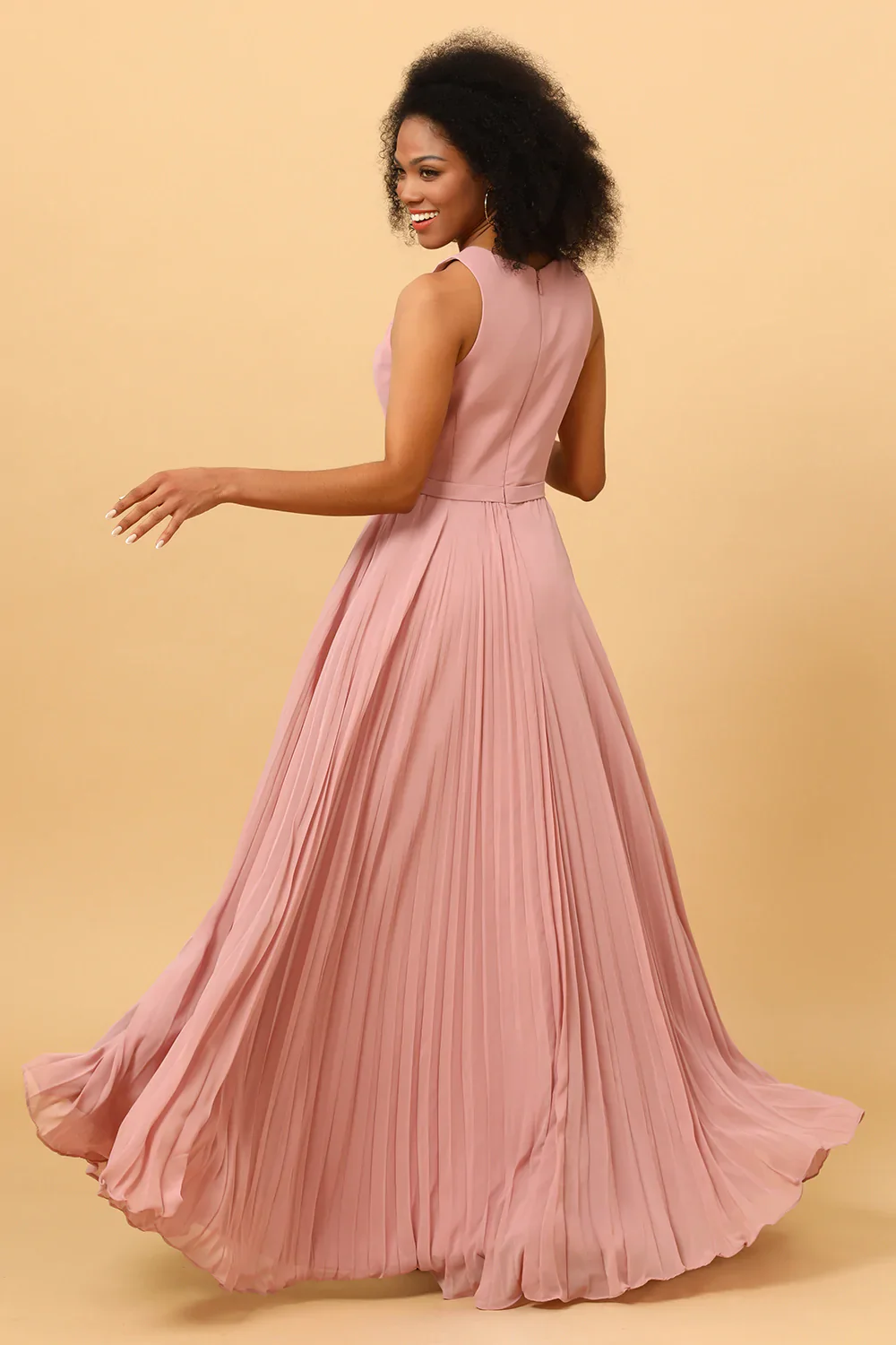 Blush Long Chiffon Pleated Bridesmaid Dress with Slit - JUORTHO