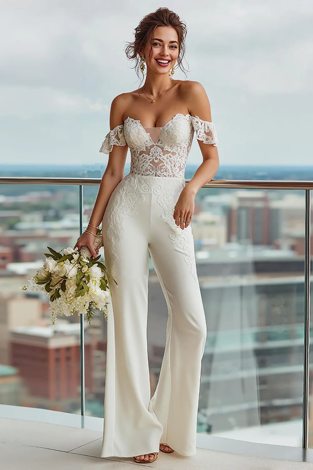 Ivory Off the Shoulder Backless Bridal Jumpsuits with Lace - JUORTHO