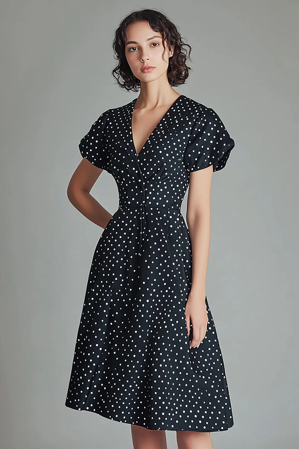 A Line Black and White Satin Short Polka Dot Dress with Sleeves - JUORTHO