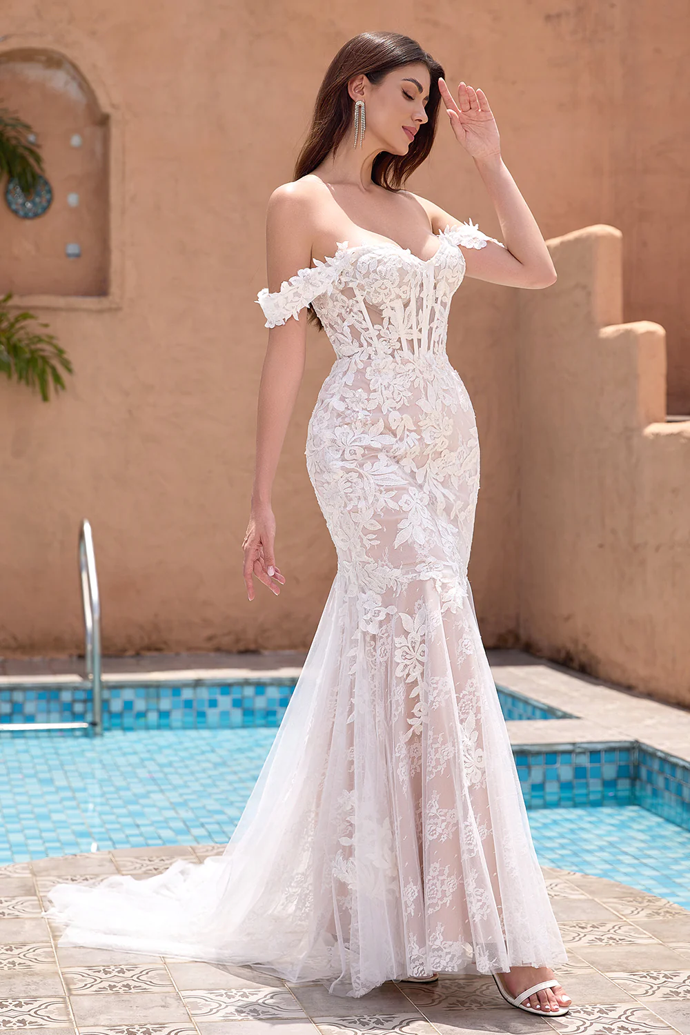 White Mermaid Off the Shoulder Corset Wedding Dress with Applique Lace - JUORTHO