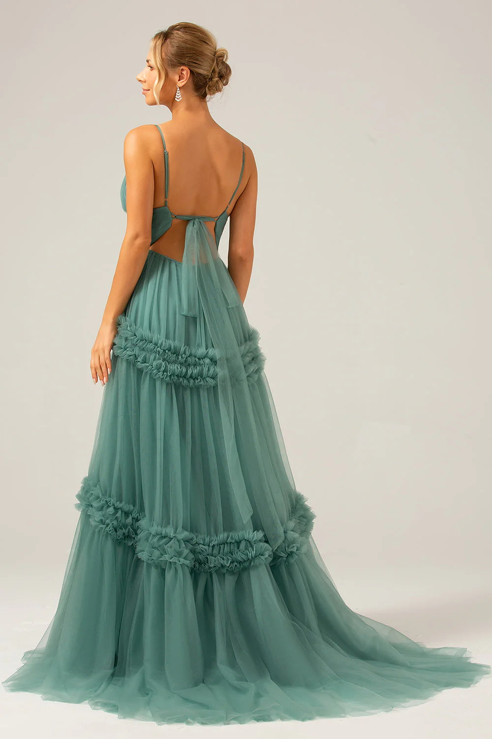 Green Tulle A Line Spaghetti Straps Long Bridesmaid Dress with Ruffles - JUORTHO