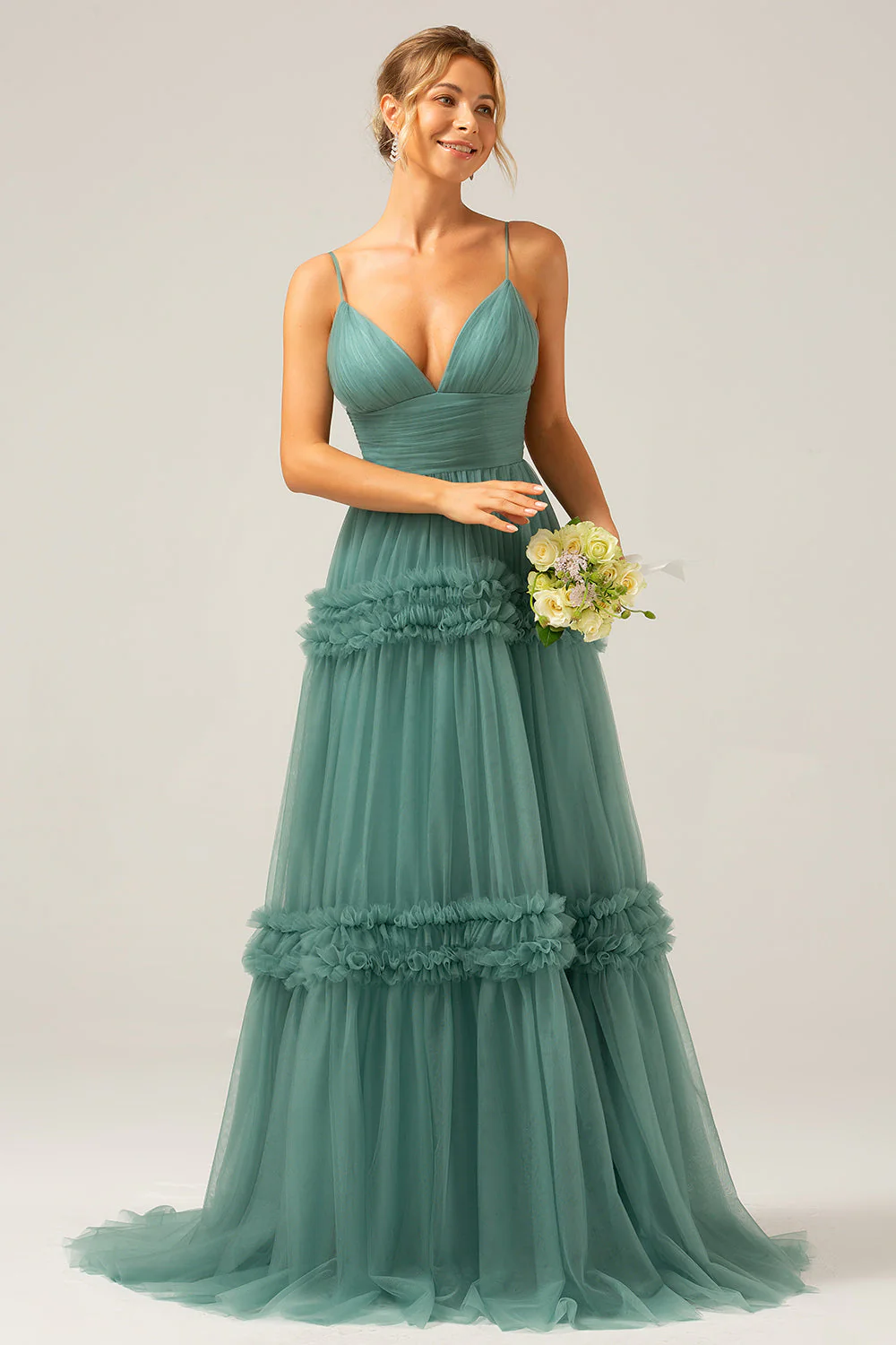Green Tulle A Line Spaghetti Straps Long Bridesmaid Dress with Ruffles - JUORTHO