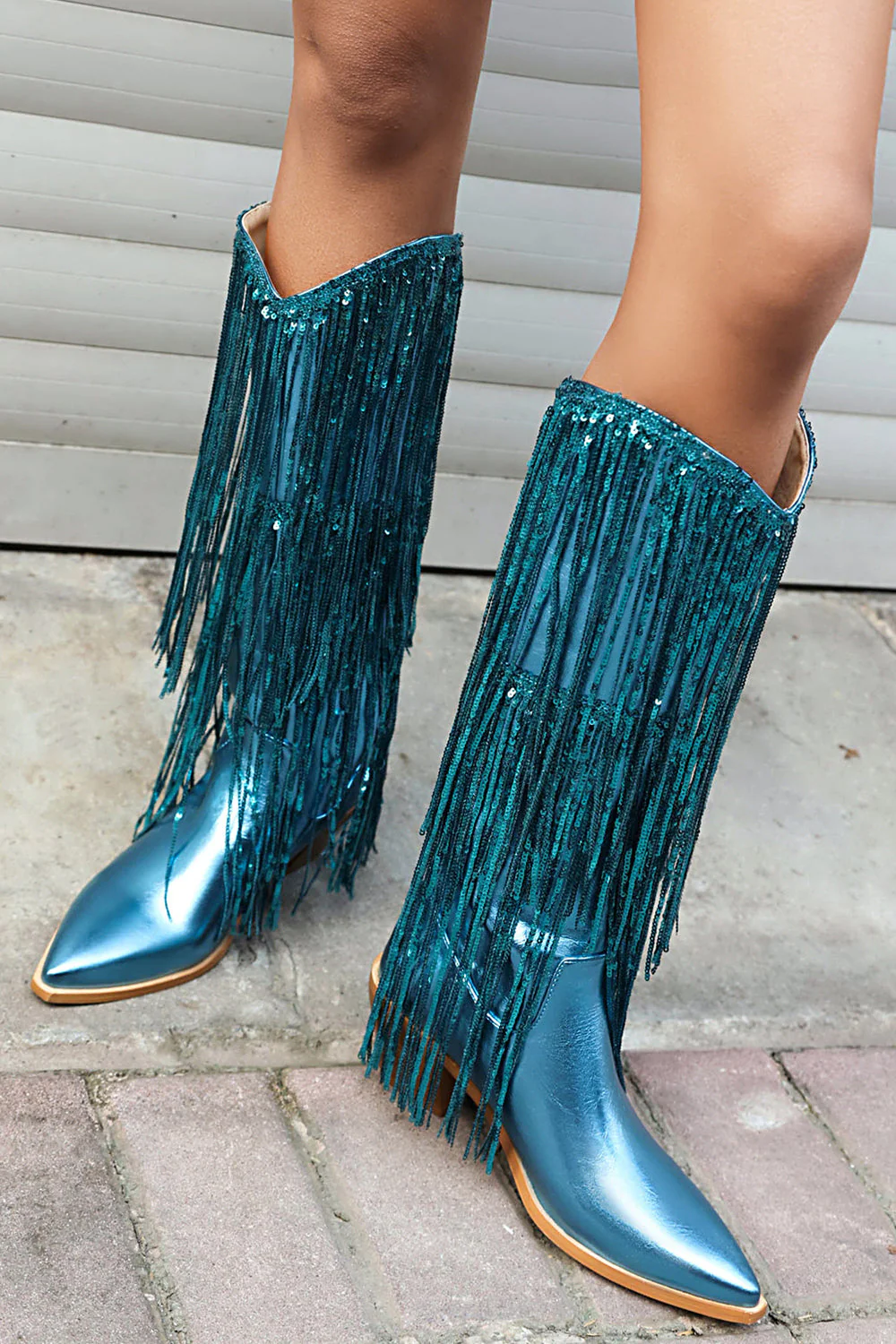 Women's Blue Fringe Metallic Pointed Toe Chunky Heel Mid Calf Boots - JUORTHO