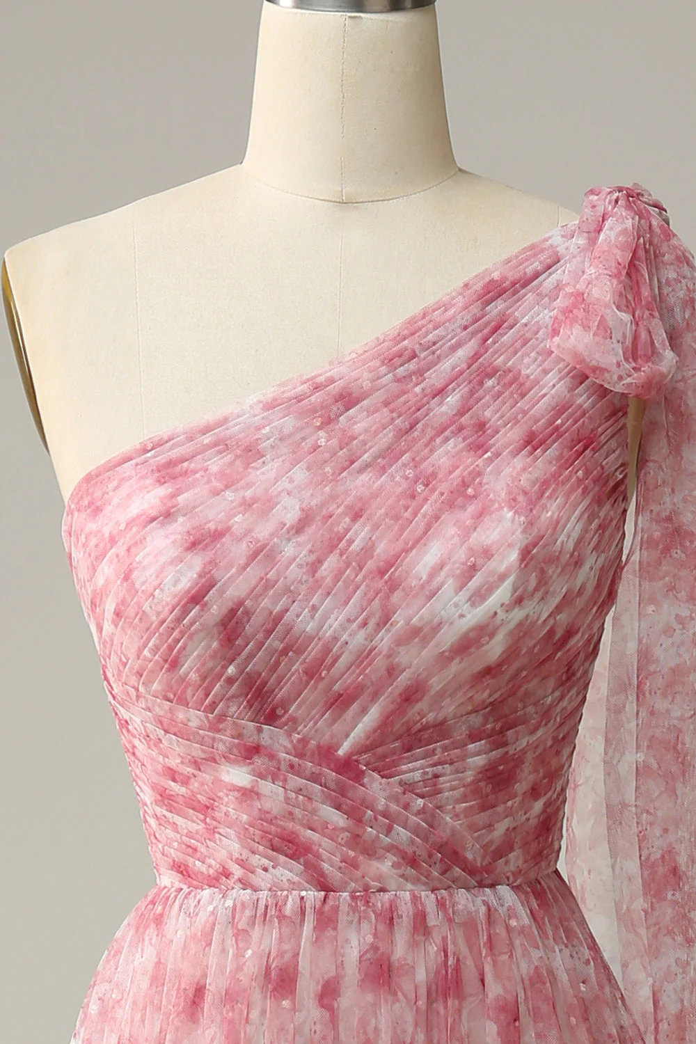 Red A Line One Shoulder Print Long Tulle Bridesmaid Dress - JUORTHO